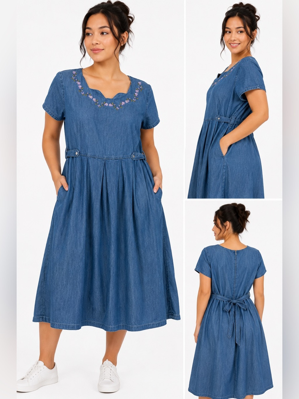 V.I.Petites Denim Midi Dress 14P Floral Embroidered Cotton Jean Dress Church